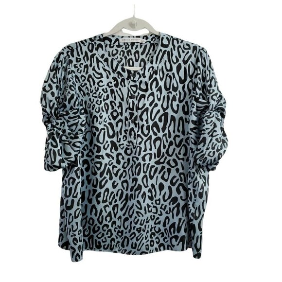Rebecca Minkoff Blouse Large Blue‎ Animal Print Top Button Front Puff Sleeve - Picture 1 of 9